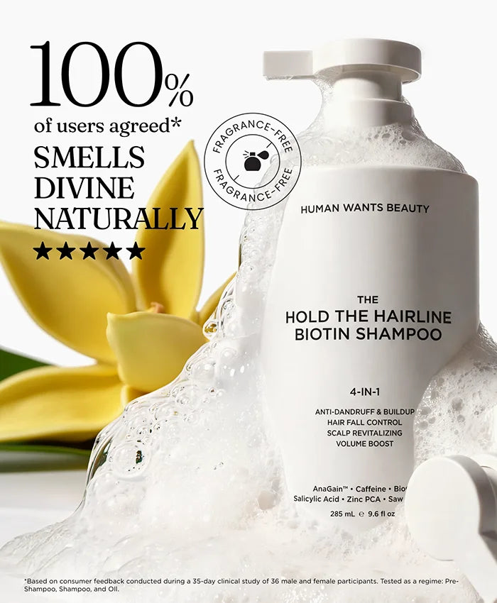 The Hold The Hairline Biotin Shampoo with 100% user agreement that it smells divine naturally