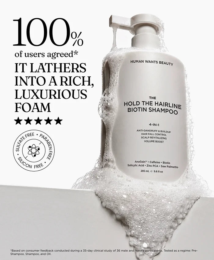 The Hold The Hairline Biotin Shampoo with 100% user agreement that it lathers into a rich, luxurious foam