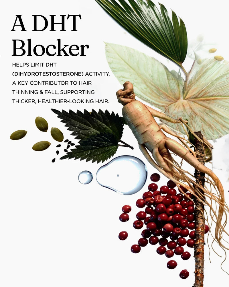 A DHT blocker helps limit DHT activity, a contributor to hair thinning and hair fall, supporting thicker, healthier-looking hair